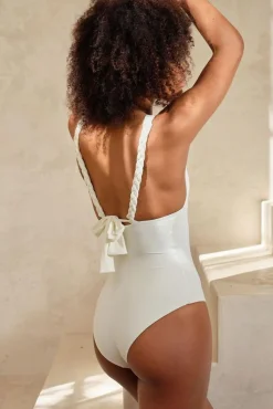 Badeanzug mit tiefem Ausschnitt in Off-White