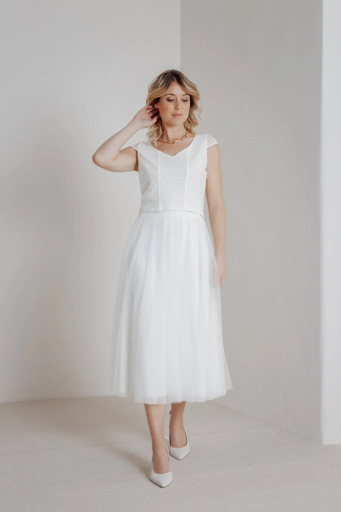 Elastischer Midi-Braut Rock in Ivory – Mailenn Eco noni