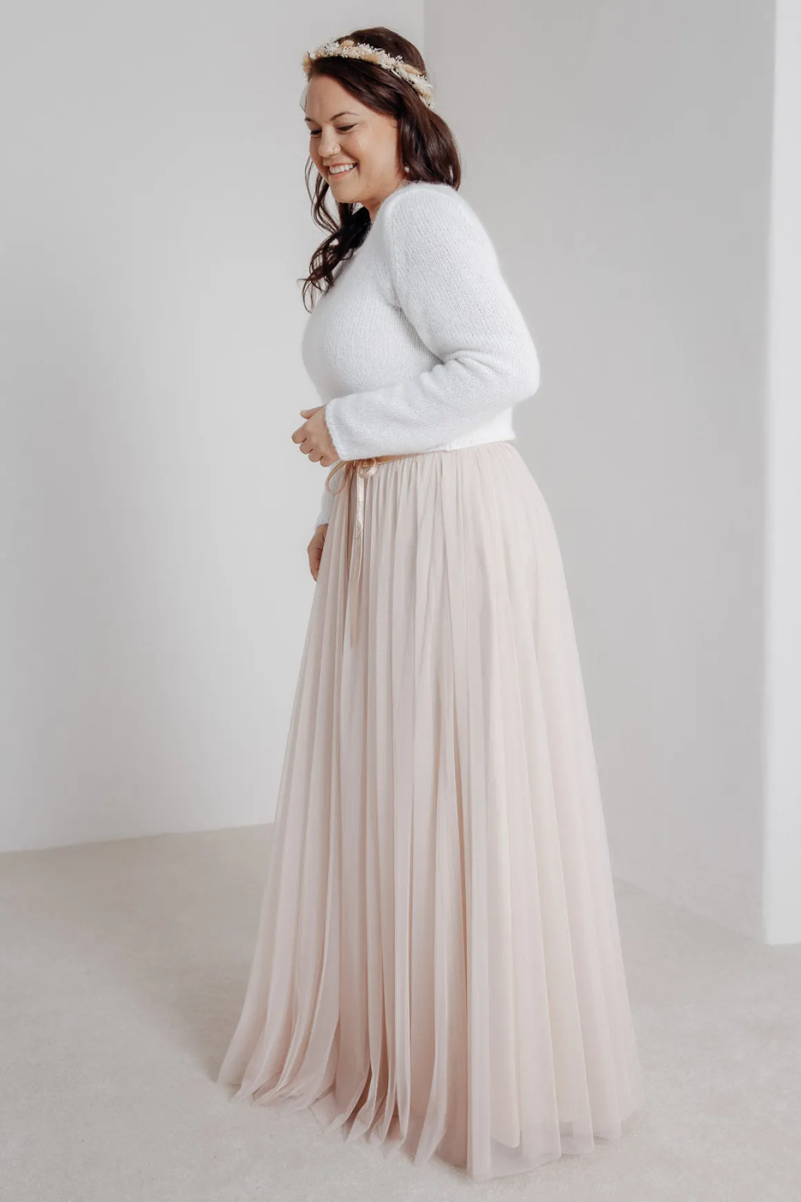 Langer Braut Rock aus fließendem Softtüll in Blush – India noni Curvy