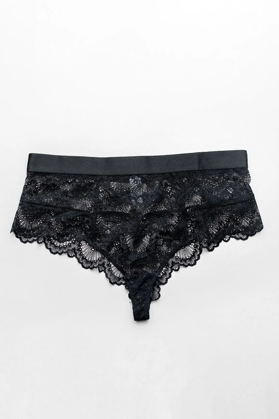 Schwarzer Spitzen-String im High-Waist-Look