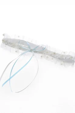 Strumpfband in Blau und Ivory mit Schleife und Kunstperlen
