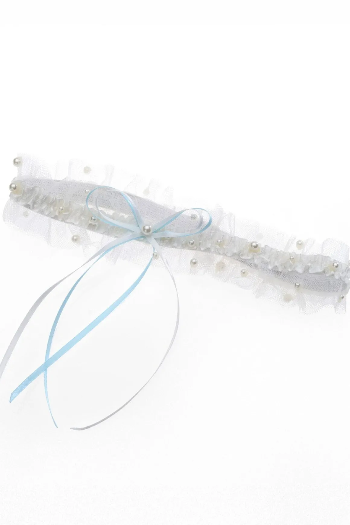 Strumpfband in Blau und Ivory mit Schleife und Kunstperlen